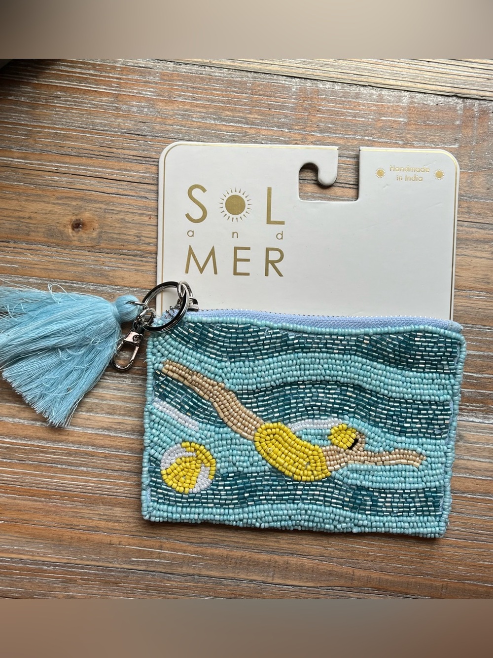 NWT Sol and Mer Beaded Swimmer Coin Purse Pouch Tassel Blue Yellow NEW